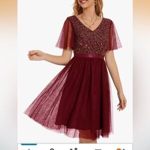 Chic Burgundy Tulle Wedding Dress lace party dress V neck short sleeve